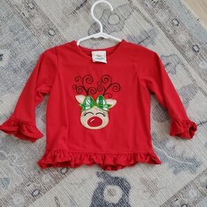 Stitchy Fish Baby Girls Reindeer Ruffle Sleeve Christmas Holiday Shirt Sz12m